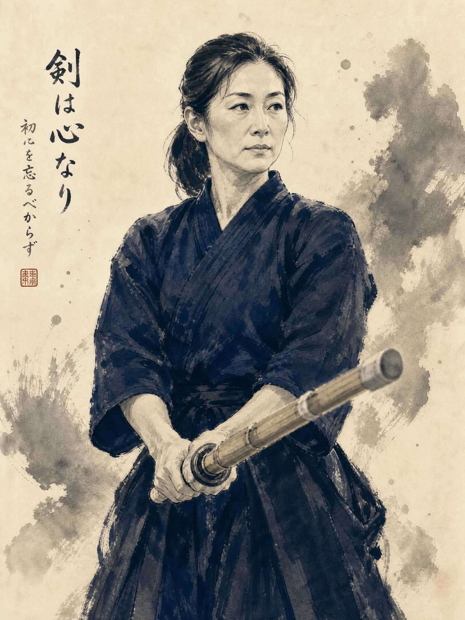 女性剑道指导员水墨风肖﻿像