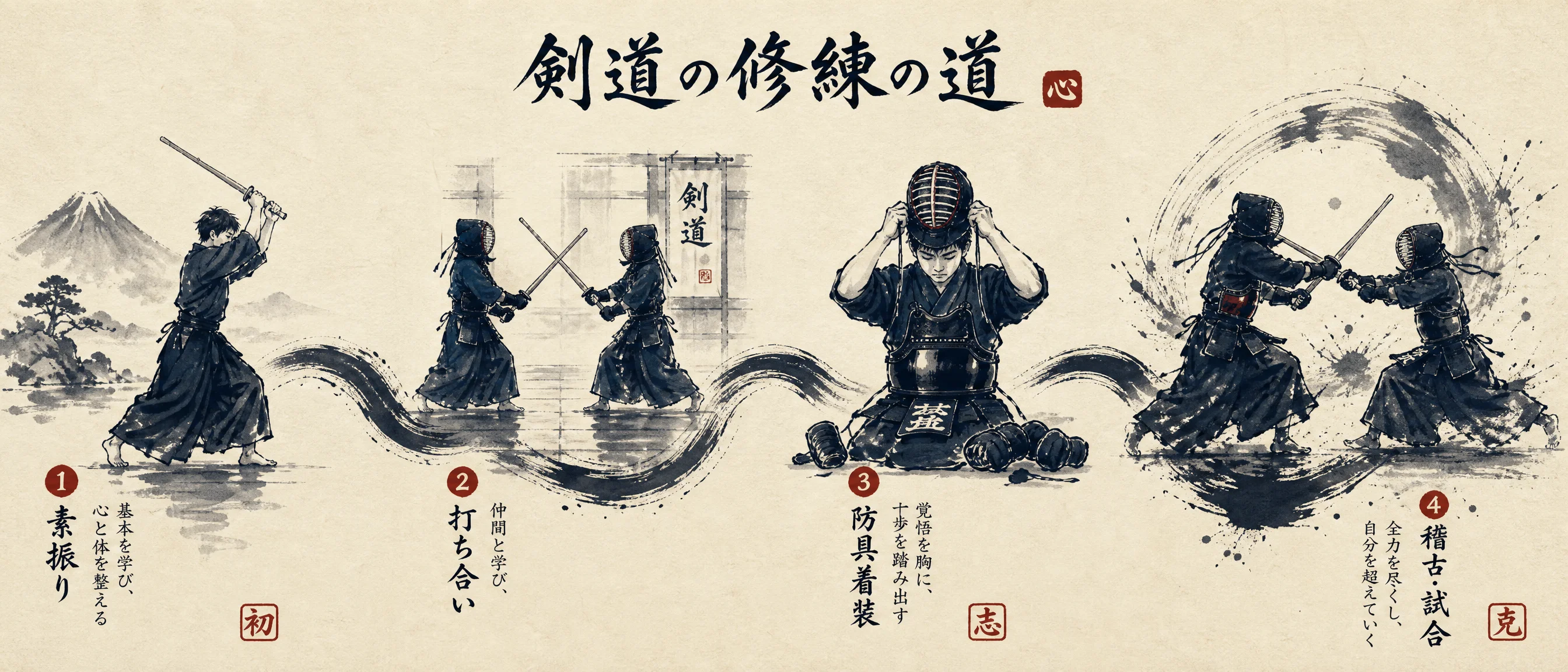 剑道修行历‍程水墨时间轴插画
